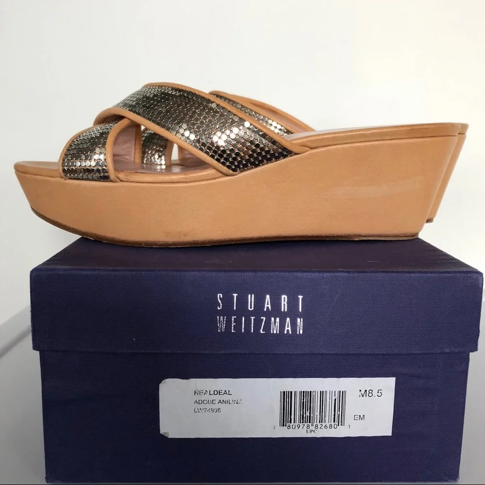 Stuart Weitzman Tan Platform Wedges with Metallic Snake-Print Straps